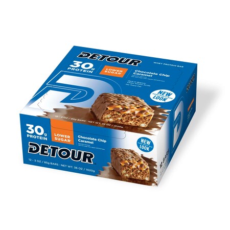 Detour 85g Detour Whey Protein Low Sugar Chocolate Chip Caramel Bar, PK48 10100877